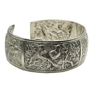 Tibetan Silver Bangle Cuff Bracelet with Peacocks, Love Birds and Deer Scenes